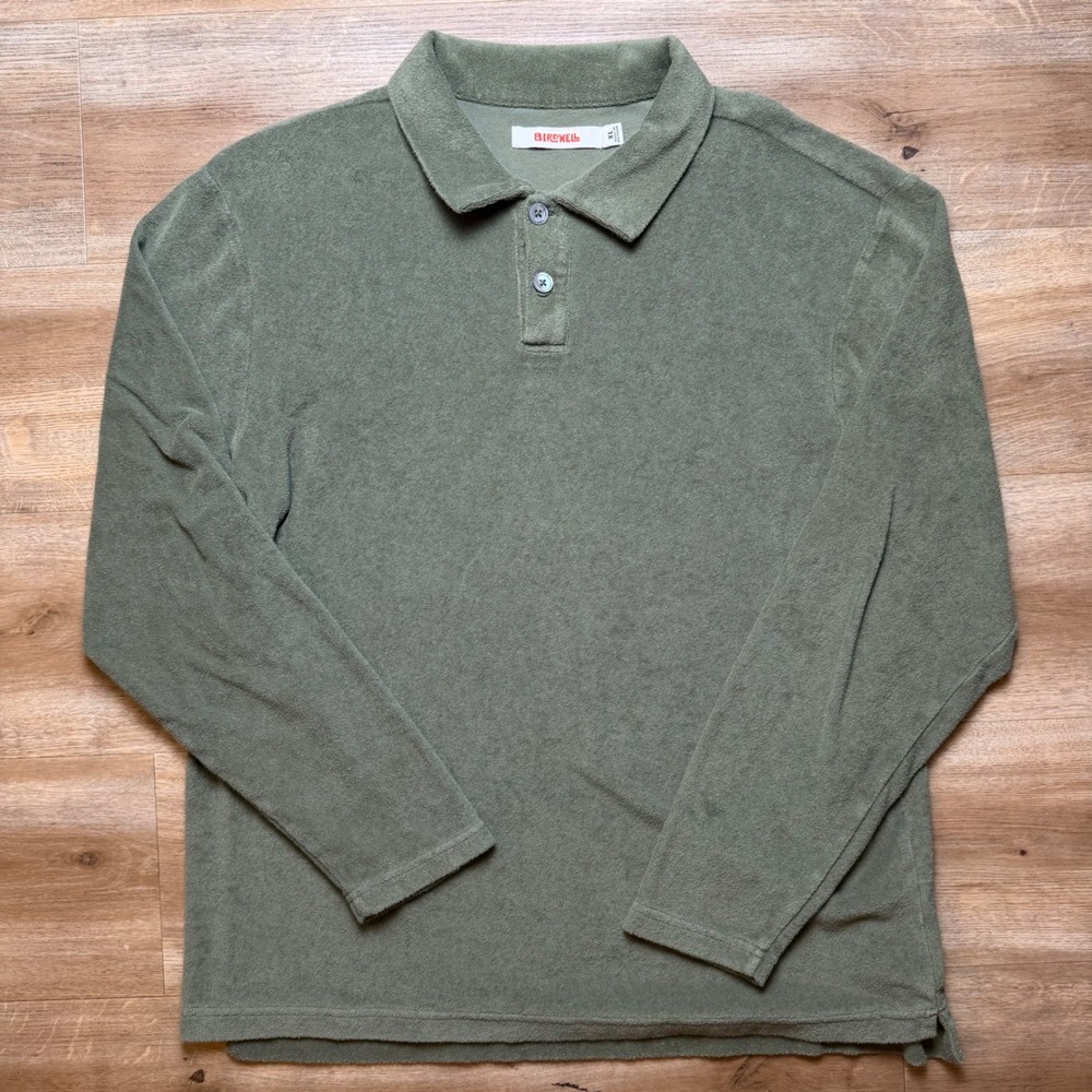 Birdwell Beach Britches Terry Cloth Polo Shirt Mens XL Olive Green Long Sleeve